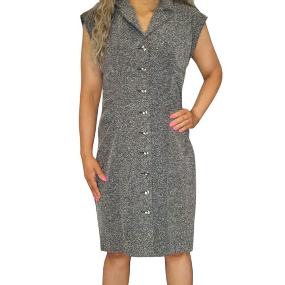 Gray Button Front Dress Womens 12 Collared Ruched Cap Sleeve Shift Knee Length - Picture 1 of 16